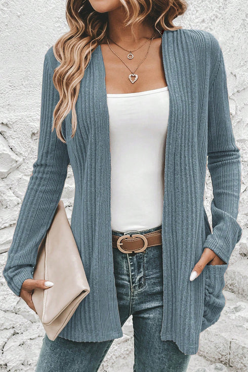 Ribbed Open Front Patch Pocket Long Sleeve Knit Cardigan